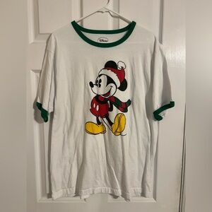 Disney White T-Shirt with Green Trim and Holiday Mickey Graphic